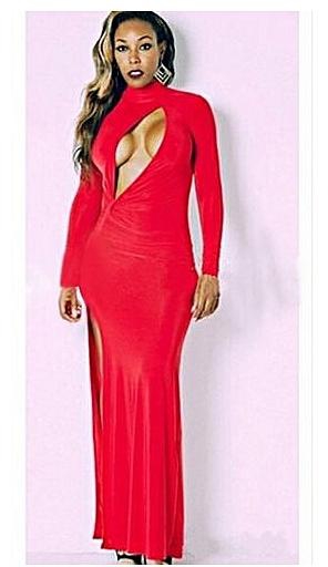 Sunweb O-Neck Long Sleeve Stretch Bodycon Front Hollow Party Maxi Long Dress Red