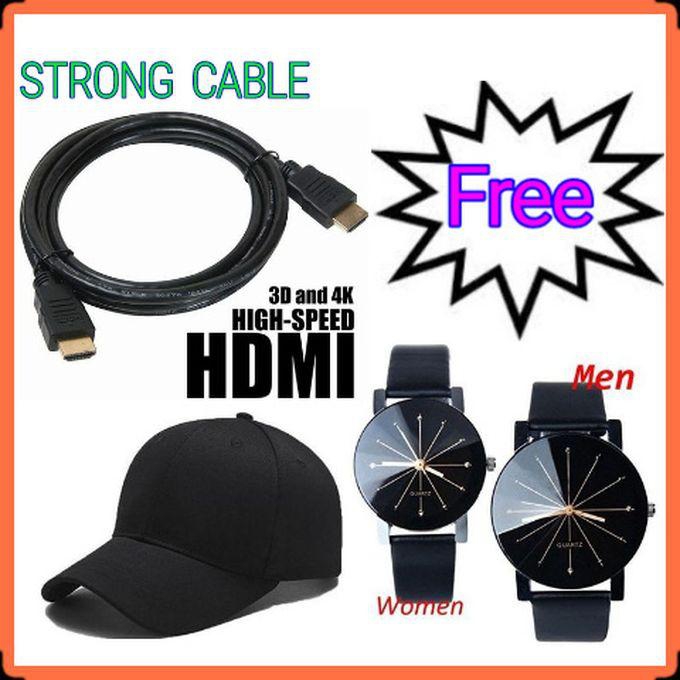 Strong HDMI To HDMI Cable 1.5 Metres (1.5M) - Black + 2 Free Special Watches And Cap