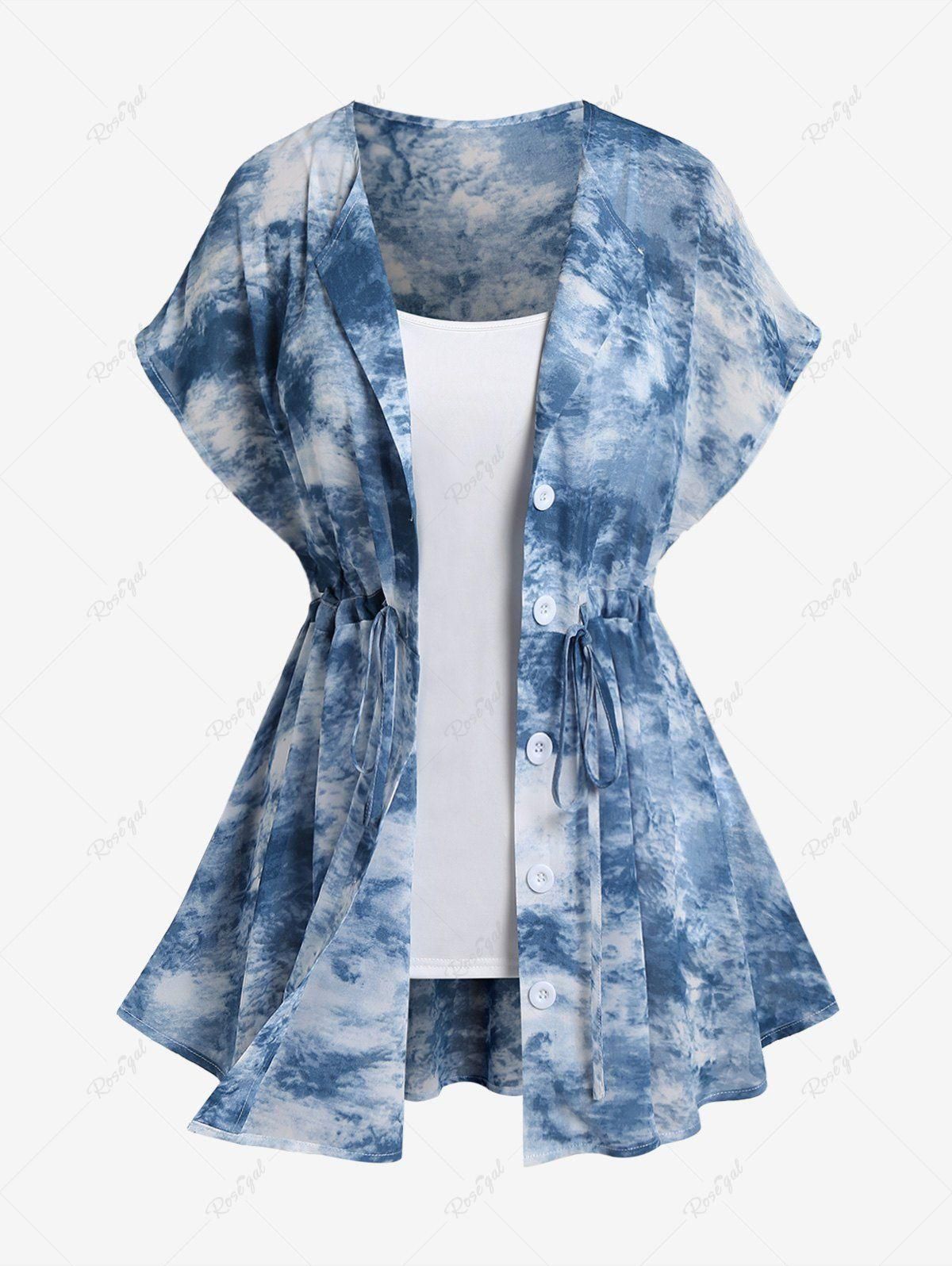 Plus Size Tie Dye Drawstring Short Sleeves Shirt and Cami Top Set - M | Us 10