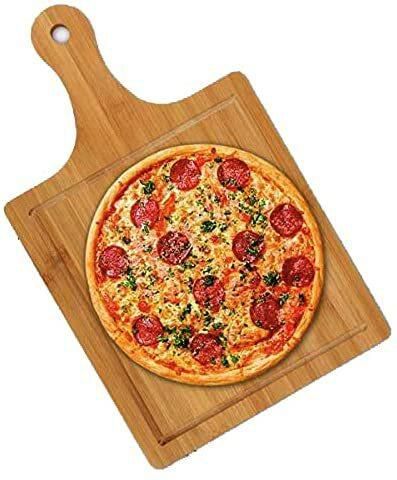 Bamboo Cheese Board, Pizza Tray, Handmade Wooden Pizza Peel with Handle, Fruit and Cheese Serving Plate, Square Chopping Board, Pizza Paddle Cutting Board for Bread Vegetables, Kitchen Organizer