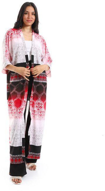 Red Circle 3/4 Sleeves Self Patterned Cardigan - Red, White & Black