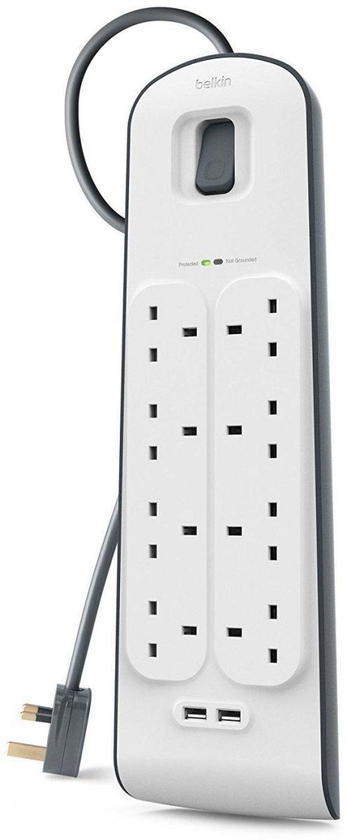 Belkin 8 Way 2 m Surge Protection Strip with 2 x 2.4 A Shared USB Charging - White, BSV804AF2M