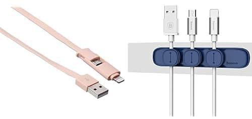 Cable Essentials Bundle (Keendex 1895 pigeg 2-in-1 lightning and micro charging cable, 1 meter - rose + Baseus peas cable clip blue)