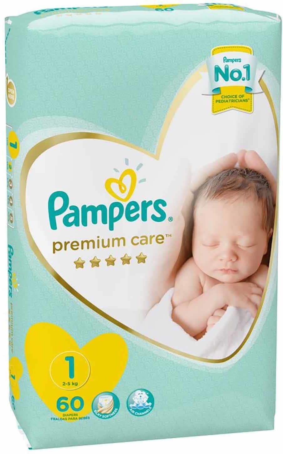 Pampers Premium Care Diapers - Size 1 - Newborn - 2-5 Kg - 60 Diapers