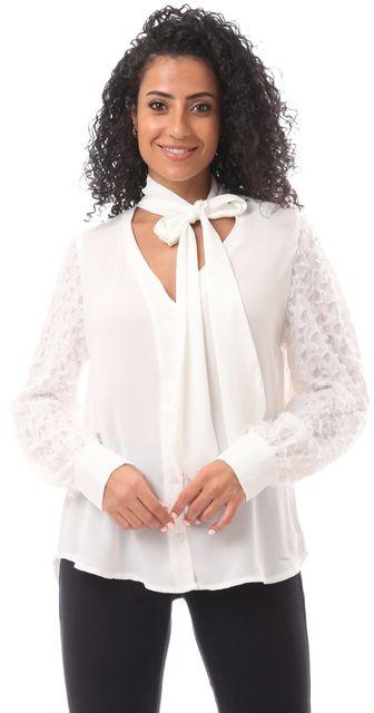 Playblu V Neck Blouse With Tie And Sheer Sleeves