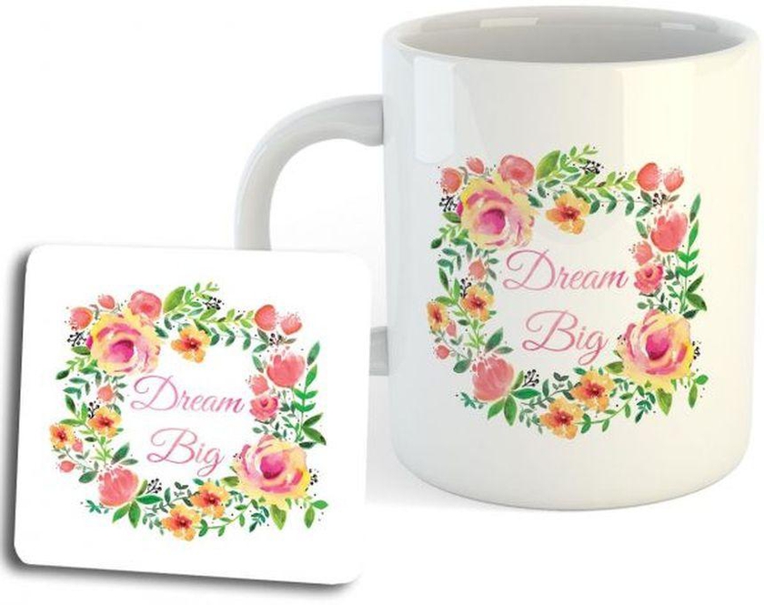 Printed Ceramic Mug And Wooden Coaster-Dream Big