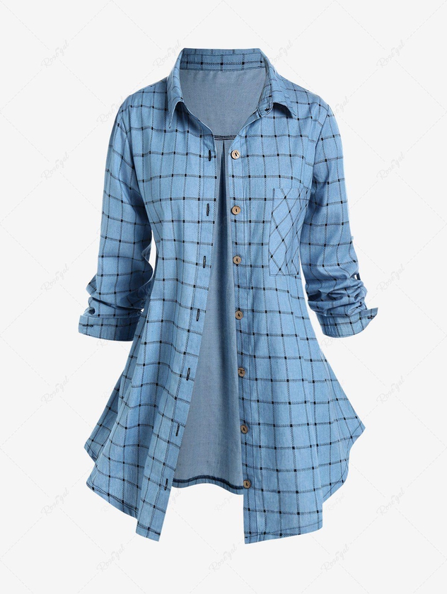 Plus Size Plaid Roll Tab Sleeves Tunic Shirt with Pocket - L | Us 12