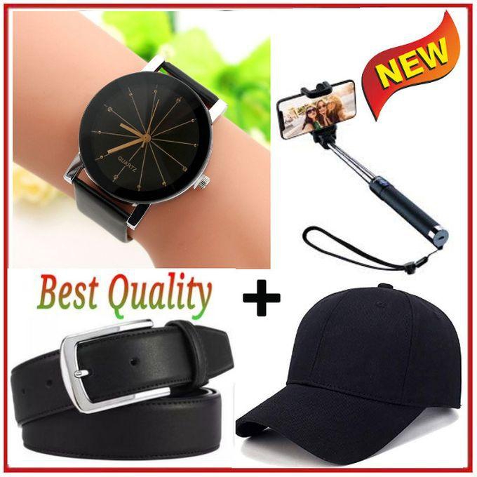Male Analog Quartz Watch+Selfie Stick+Belt+Cap