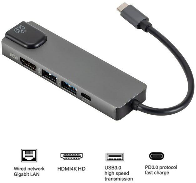 5 In 1 USB Type C Hub 4K USB C Hub To Gigabit Ethernet Rj45 Lan Adapter