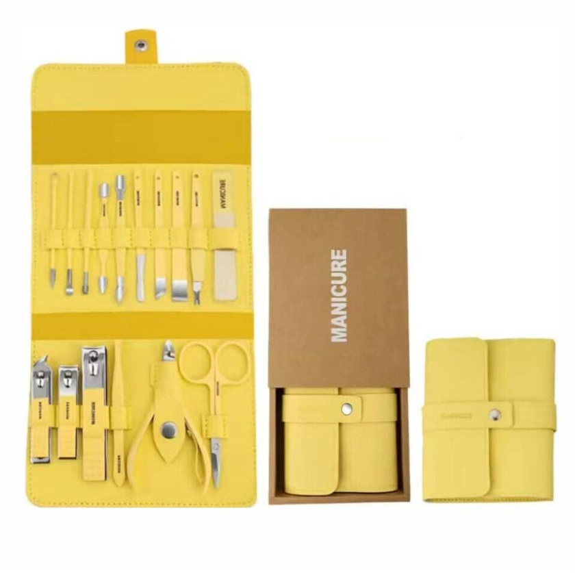 Manicure Set Pedicure Set Nail Clippers, 16 in 1 Professional Pedicure Kit Nail Scissors Grooming kit and Ear Wax Removal Tools with PU Leather Case for Travel Manicure kit Yellow