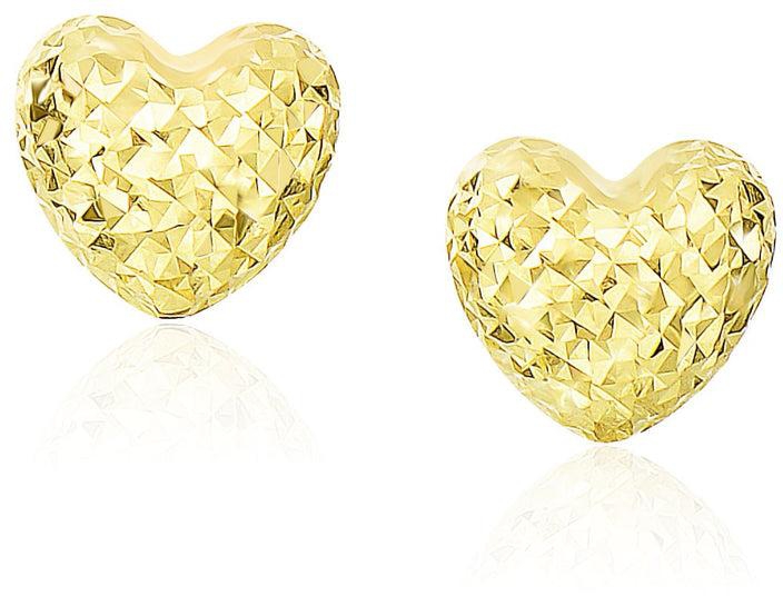 14k Yellow Gold Puffed Heart Earrings with Diamond Cuts-rx90305