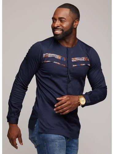 Navy Blue Long Sleeved African Shirt With Kitenge Details At The Chest