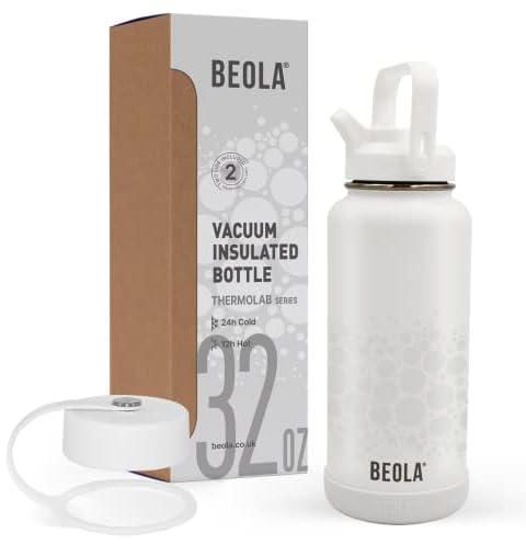 BEOLA 950ml Water Bottle 18/8 Stainless Steel 304 Double Wall Insulated Thermos Bottle with Straw Lid and wide mouth, 2 lids included, Hot Cold Liquids Sports Bottle, 32oz