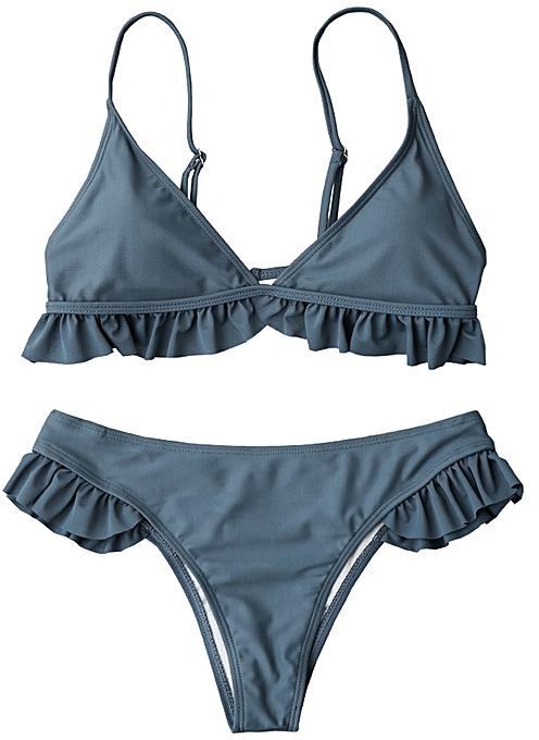 Fashion Frilled Padded Plunge Bikini Set - STONE BLUE