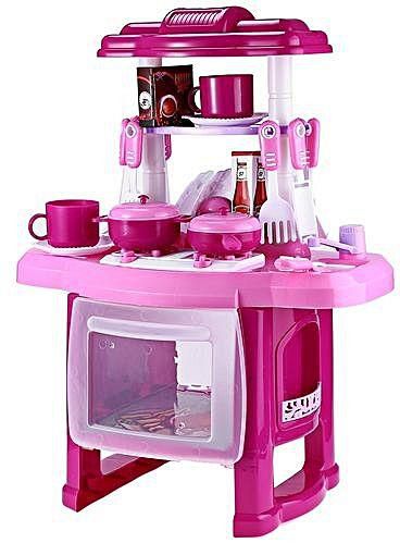 Elikang Kids Simulation Kitchen Cookware Pretend Role Play Toy With Music Light - PINK