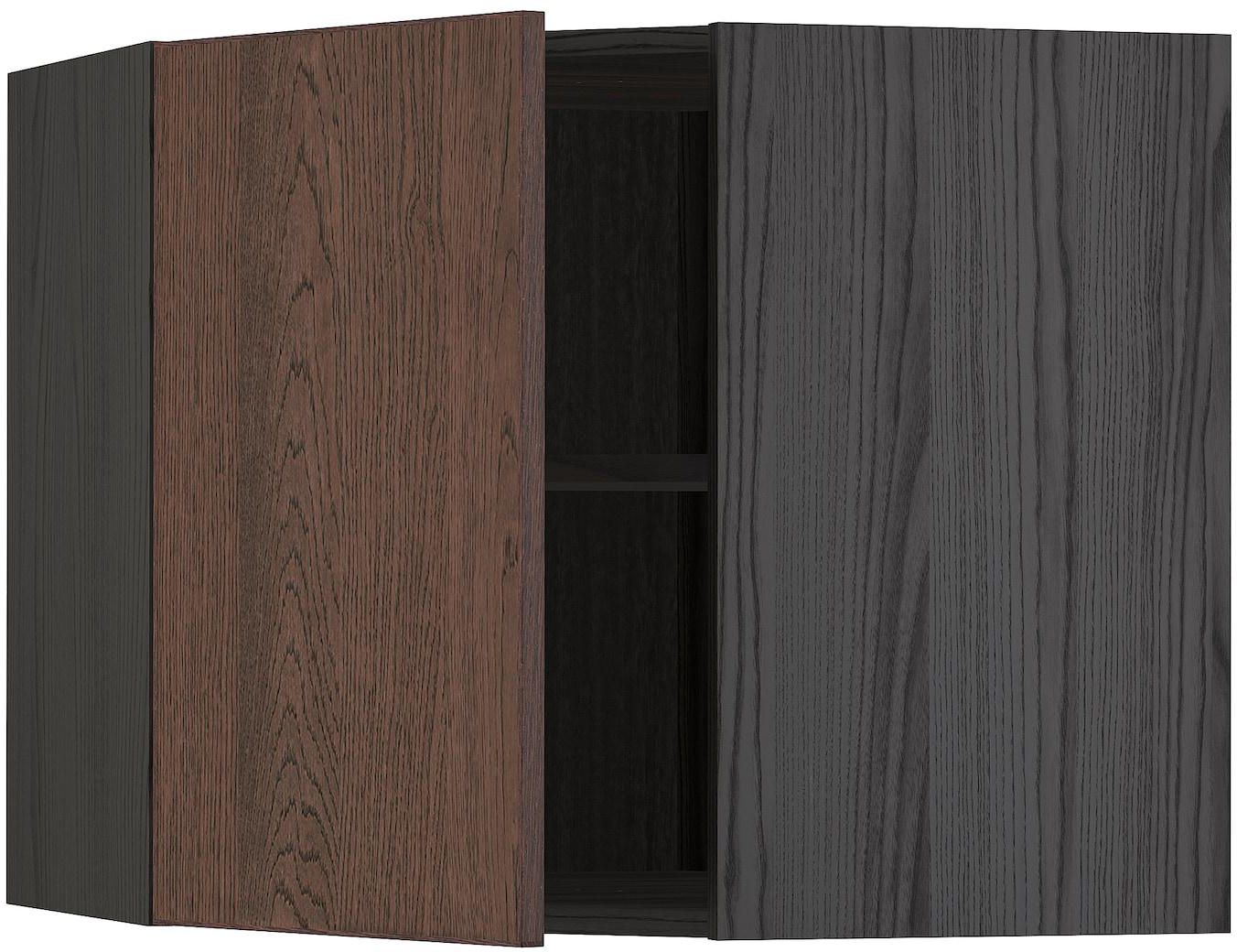 METOD Corner wall cabinet with shelves - black/Sinarp brown 68x60 cm