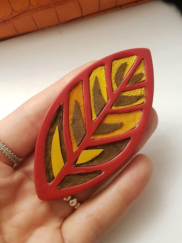 The Red Leaf Acrylic And Leather Brooch And Clothes Pin