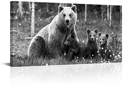 Nachic Wall Bears Family Canvas Print Wall Art Black and White Grizzly Bear Picture Painting Decorations for Farmhouse Cabin Gallery Canvas Wrapped Ready to Hang 24x48Inches