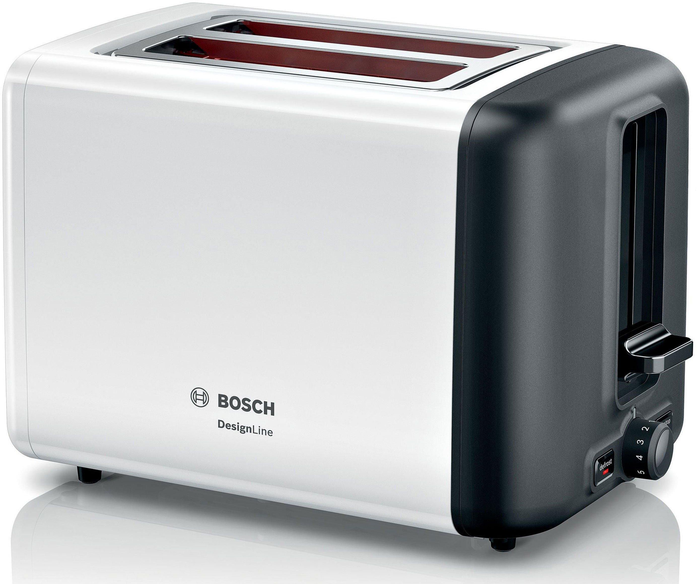 Bosch Compact Toaster with warming rack, 820-970W, Two slices, White Stainless Steel