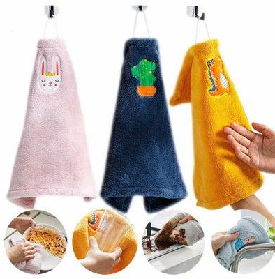 2pcs Hanging Hand Towels, Embroidery Craft Microfiber Coral Velvet Ultra Absorbent Soft Dish Wipe Cloth with Hanging Loop for Kitchen, Bathroom