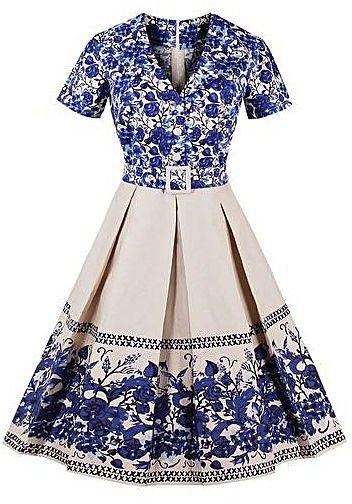 Fashion Women Floral Print Dress - Blue