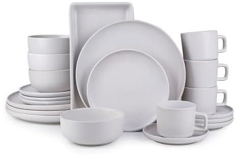 Bone China 21-Pieces Stoneware Dinnerware Set, Dinner Set, Kitchen Dinnerware Ceramic Crockery Set, Dinner Service Set for 4, 26cm Dinner Plate, 20m Plate, Cereal Bowl, cup & saucer, Platter KOKRE