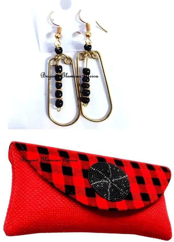 Womens Red Maasai jute clutch bag with beaded loop gold top earrings