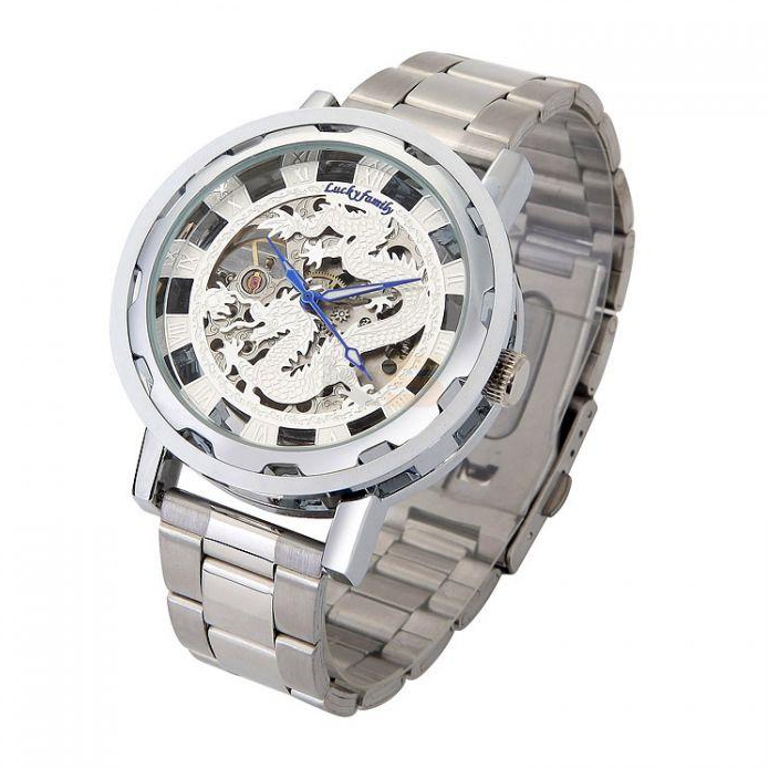 Luckyfamily Automatic Mechanical Auspicious Dragon Skeleton Hollow Watch with Stainless Steel Band for Men