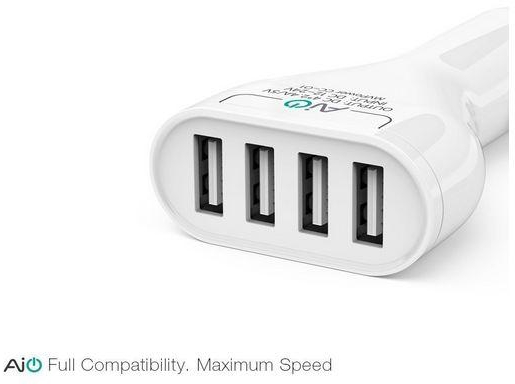 Aukey 48W/9.6A 4 Port USB Car Charger Adapter with AI Power Tech - Retail Packaging - White