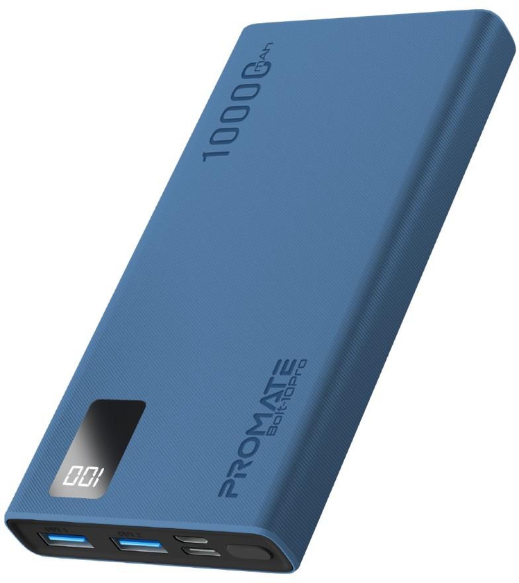 Promate Power Bank, Universal 10000mAh Ultra-Slim Portable Charger with 10W USB-C™ Input/Output Port, Dual USB Ports, LED Screen and Over-Heating Protection for iPhone 14, Galaxy S22, iPad Air, Bolt-10Pro.Blue