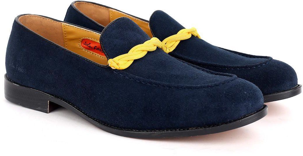 John Foster Classy Navy-Blue Suede Shoe With Yellow Twisted Rope Design