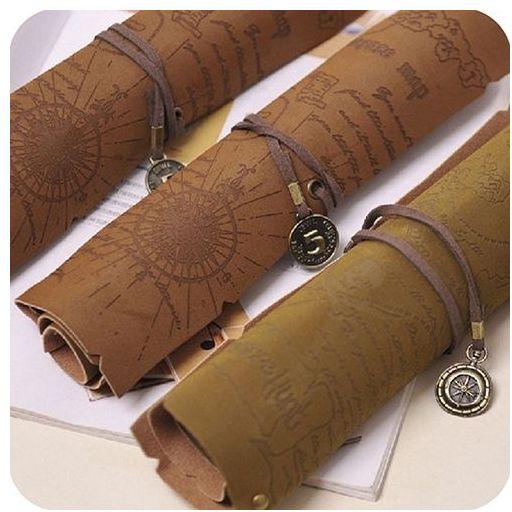 Sanwood Retro Pirate Treasure Map Roll Up PU Leather Pen Pencil Case Bags Make Up Holder