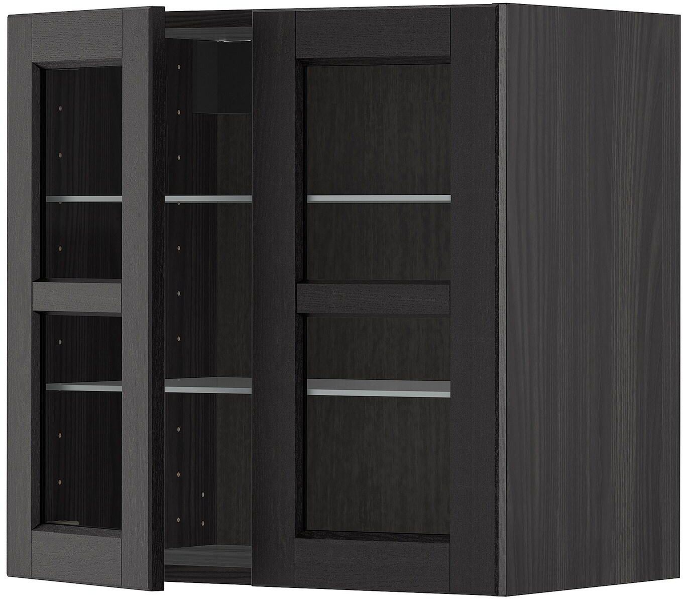 METOD Wall cabinet w shelves/2 glass drs - black/Lerhyttan black stained 60x60 cm
