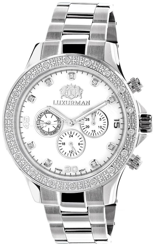 Luxurman Men's Diamond 0.2ct Swiss movement 18k White Gold Plated