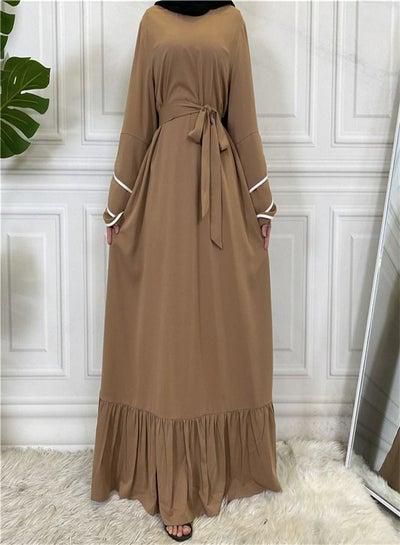 Pleated Loose Hem Muslim Fashion Dress Abaya Brown