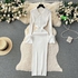 Fashion White Women's POLO Collar Maxi Dress Feather Flare Sleeves Single Breasted Long Sweater Dress