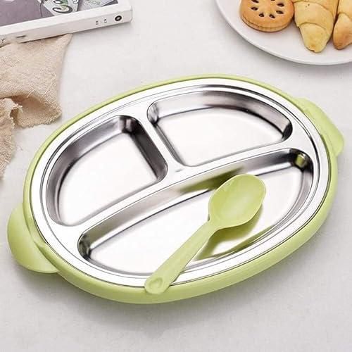 Kids Lunch Plate, 304 Stainless Steel Lunch Plate, Healthy Food Storage Lunch Containers for Kids and Adults, BPA Free, 3 Compartment Kids Plate with Spoon Enjoy Hot Lunch on the Go.(Green)