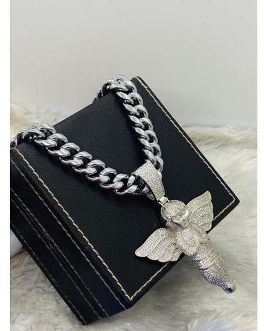 High Quality Iced Cuban Exclusive Silver Chain With Iced Angel Diamond Pendant