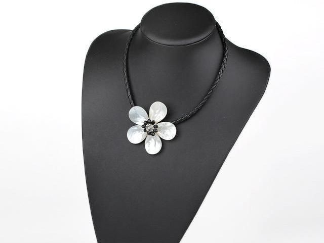 White Shell Flower Necklace with Black Imitation Leather Cord [X147]