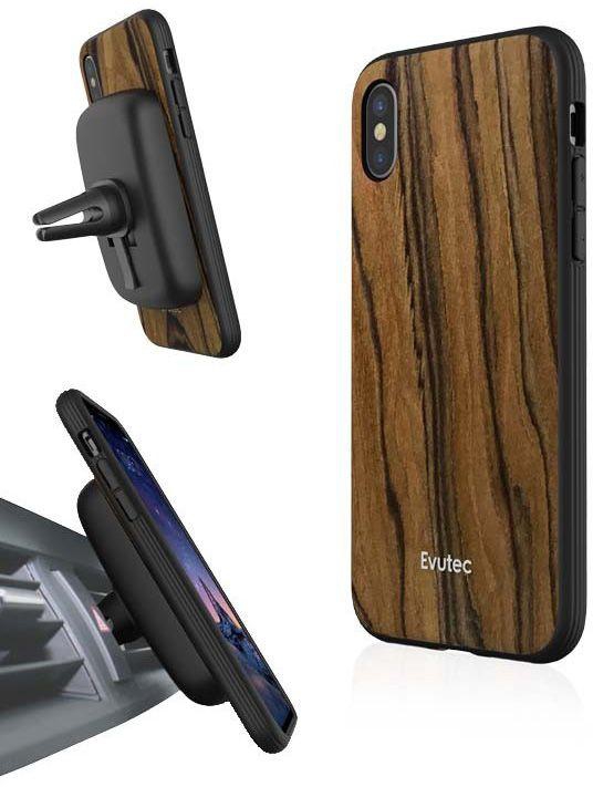 Evutec iPhone X AER case / cover Burmese Rosewood with AFIX Plus Air Vent magnetic Car mount