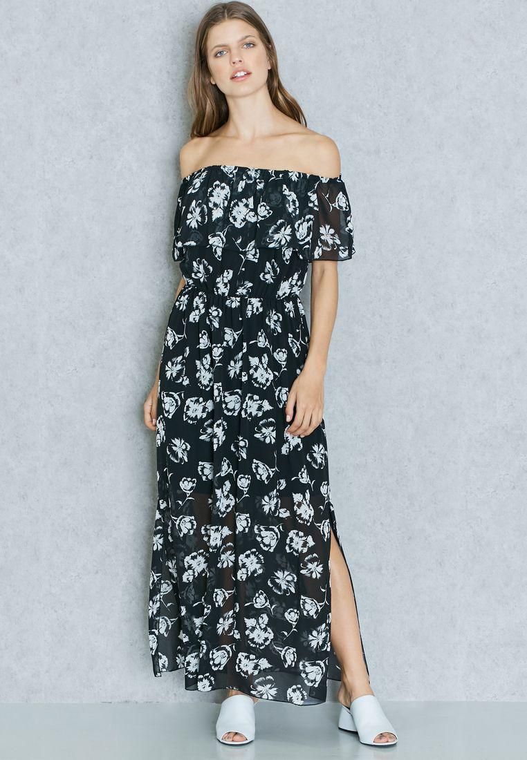 Floral Print Ruffle Bardot Slit Maxi Dress
