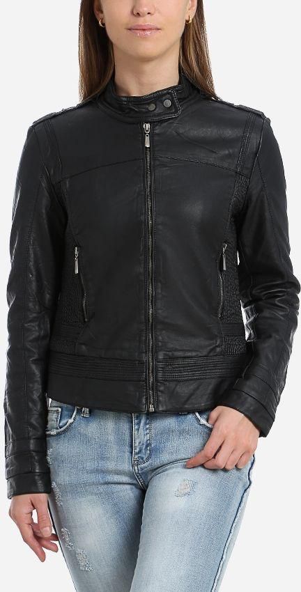 Femina Side Textured Leather Jacket - Black