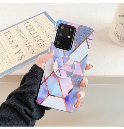 Case Cover For Galaxy A71 Plating Colorful Geometric Pattern Mosaic Marble TPU Mobile Phone Case with Folding Bracket Blue PF4