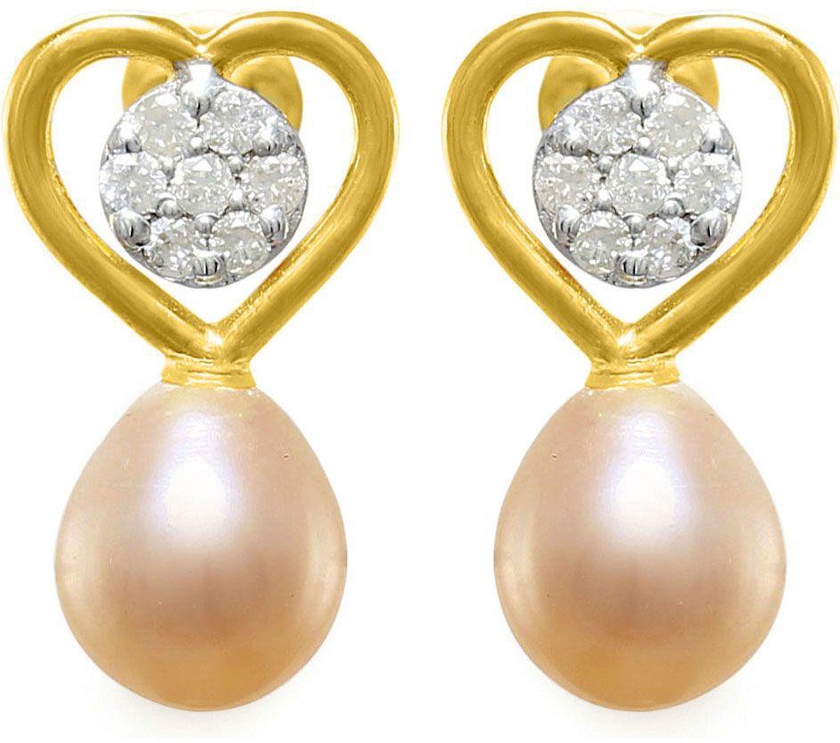 VP Jewels 18K Solid Gold 0.14ct Genuine Diamond and 7mm Pink Pearl Solitaire Heart Earrings