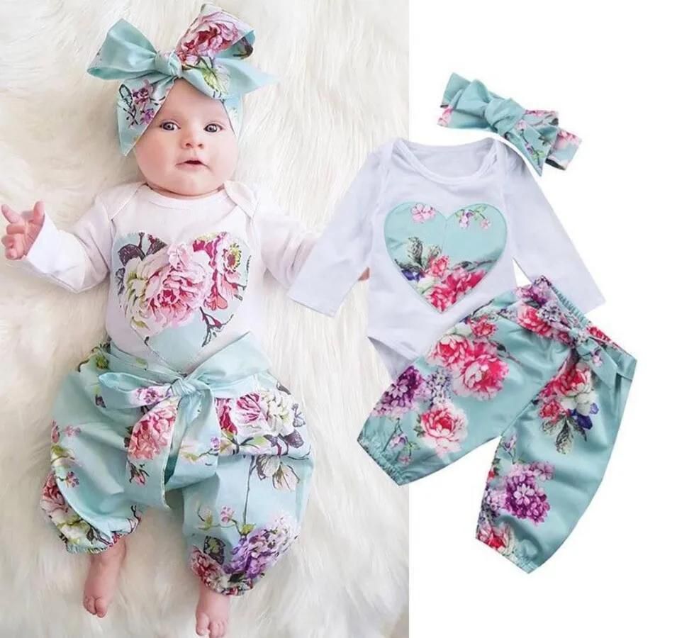 JC Newborn Baby Girls 3PCS Suits Flower Long sleeve Rompers+pants+Scarf Set Outfits Clothes 3pc