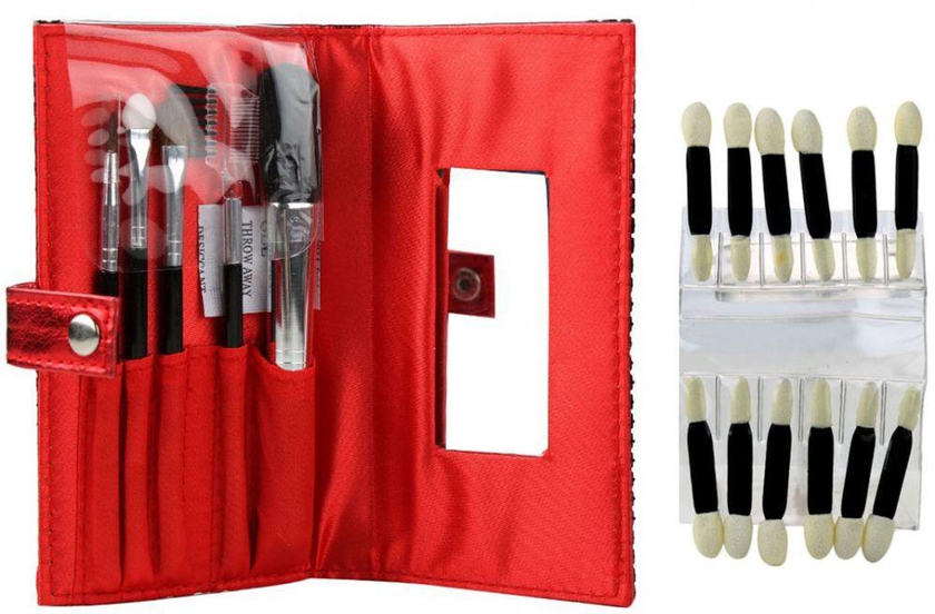 Cala Eye Shadow Applicators DBL Tip 10 Pcs, With Brush Set 5 pcs and Detail Case - Red