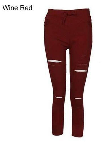 Bluelans Women Skinny Ripped Pants Hole Tight High Waist Stretch Slim Pencil Trousers-Wine Red