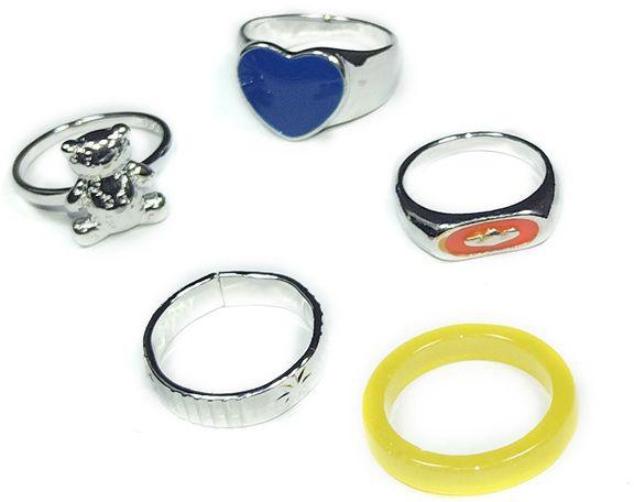 Ring Set Silver Color Heart And Bear Design For Women - 5 Pcs