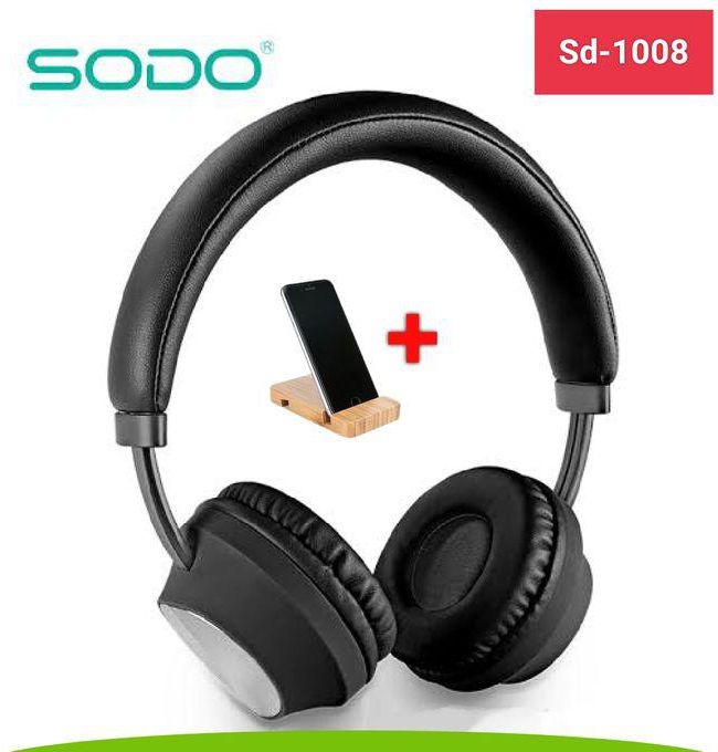 SODO Sd-1008- سماعه بلوتوث لاسلكية + حامل موبيل خشبي هدية - اسود