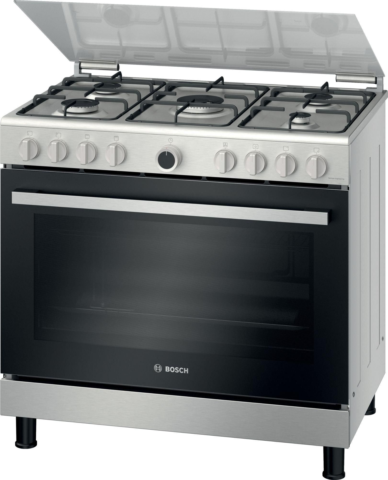 Bosch Gas Cooker, 90X60, 5 Gas Burner, full safety, Stainless Steel/Black